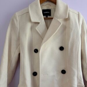 Express Double-Breasted Cream Pea Coat with Black Buttons